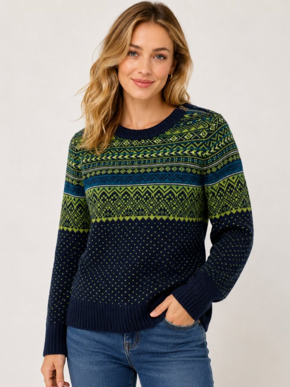 Eddie Bauer Wool Blend Fair Isle Nordic Sweater Navy Green Cabincore Womens S